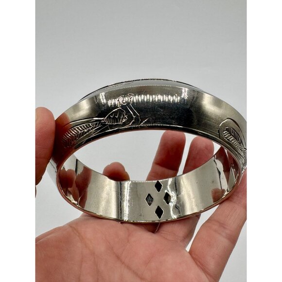 Vintage Engraved Birds Boho Hippie Bracelet Bangle Silver Tone - Picture 2 of 7